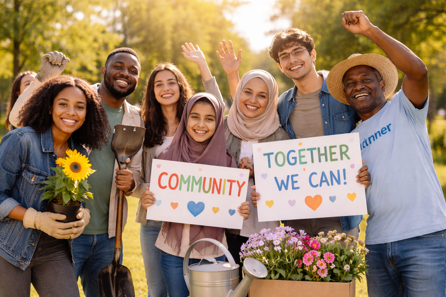 A group of people outdoors holding handmade signs reading Community and Together We Can, with potted flowers and gardening tools.