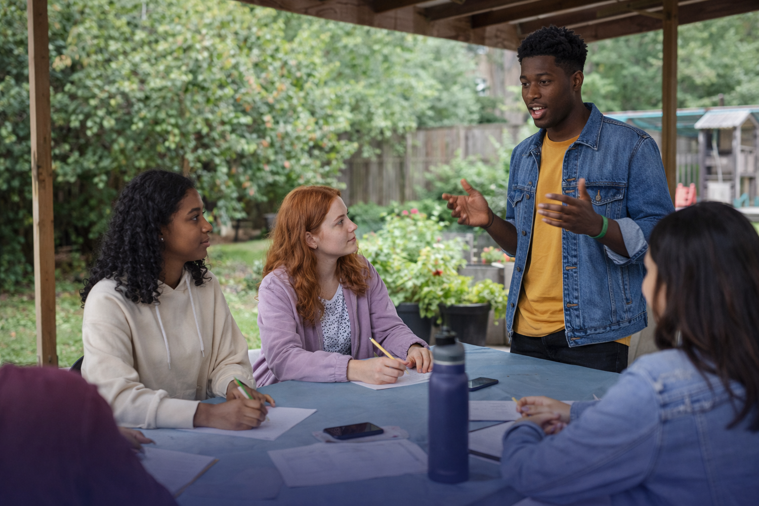 Young people seated around an outdoor table with notebooks, one person standing and speaking.