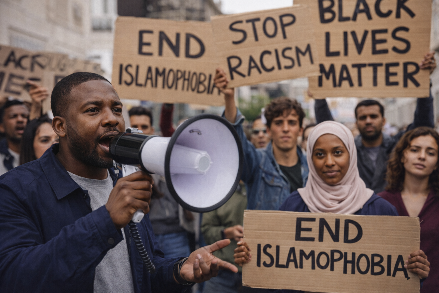 People at a demonstration holding signs including Stop Racism and Black Lives Matter, one speaking into a megaphone.