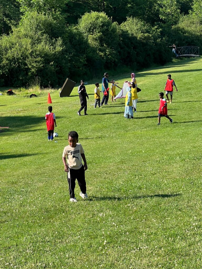 People gathered on a grassy field at an outdoor community event.